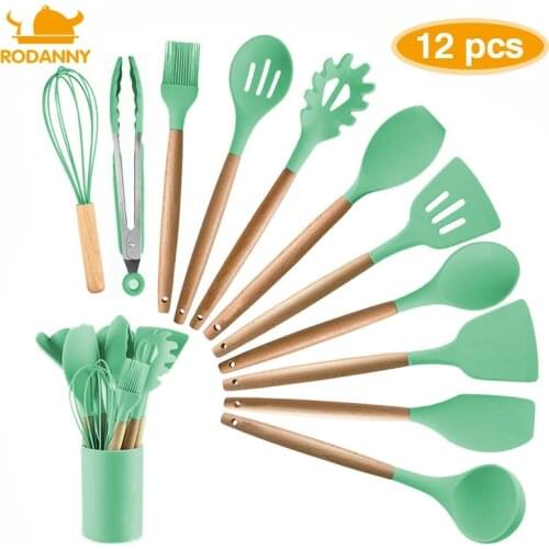 Rodanny 12PC Kitchen Silicone Cooking Utensils Set Non-stick Cookware With Wooden Handle Easy To Clean Shovel Spoon Cooking Tool
