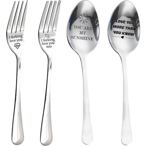 4pcs Fork And Spoon Set (Engraved I Forking Love You )For Lover Stainless Steel Dinner Fork Spoon Cutlery Set Unique Funny Gift
