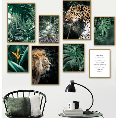 Jungle Cheetah Lion Monstera Leaf Tree Wall Art Canvas Painting Nordic Posters And Prints For Living Room Decor Wall Pictures