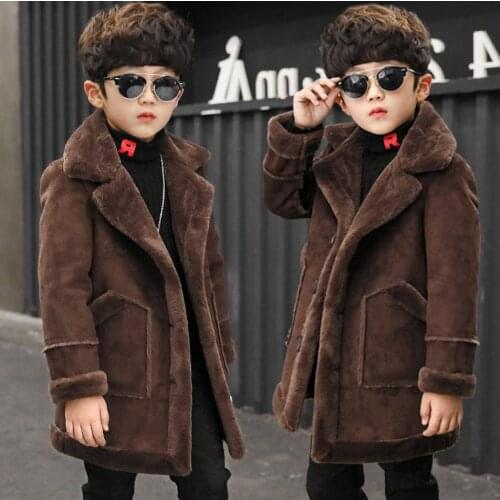 4-16T Boys Woolen Coat 2021 New Plus Velvet Warm Turn Collar Overcoat Children Winter Jacket High Quality