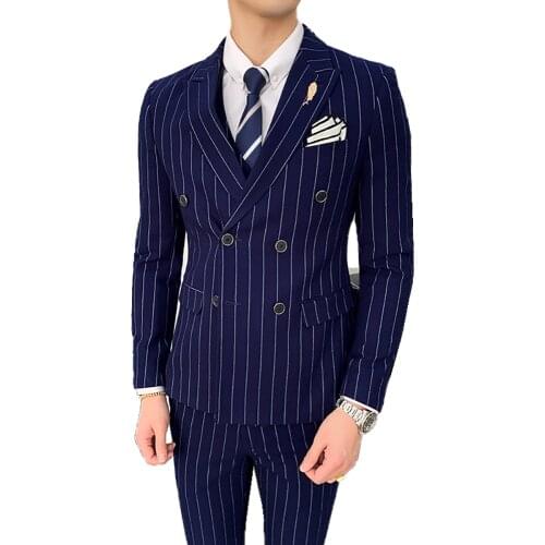 Jacket + Vest + Pants ) High-end Brand Formal Striped Mens Business Suit 3-piece Set Groom Wedding Dress Double Breasted Suit
