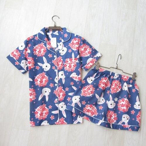 Cartoon Rabbit Short-sleeved Nightwear Summer Thin 100% Cotton Double-layer Yarn Women Pajamas Printing Sleepwear Home Clothes