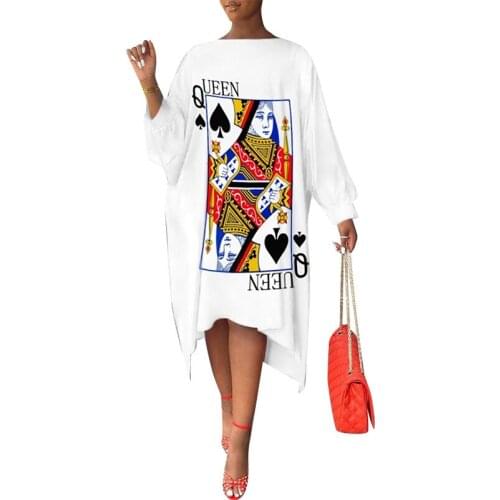 African T Shirt Dress Women Boubou Fashion Poker Print Slash Neck Batwing Sleeve 2021 New Loose Casual African Long Dress Robes