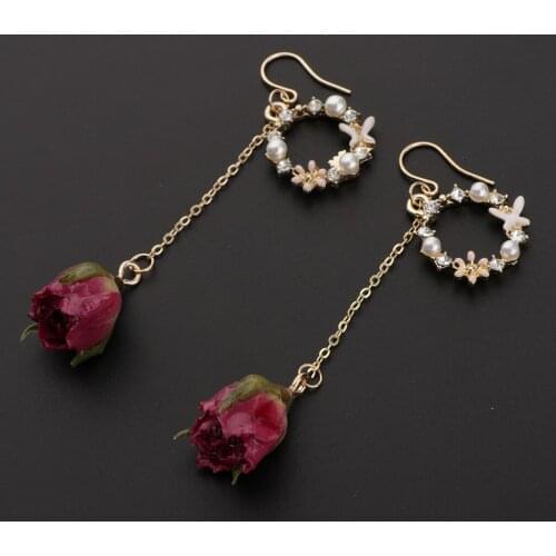 Real Flower Bud Earrings Women Girls Fashion Dangling Pearl Beaded Eardrop