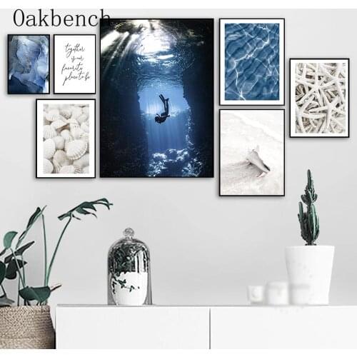Blue Marbling Posters Ocean Glacier Wall Art Canvas Painting Shell Starfish Prints Modern Landscape Pictures Living Room Decor