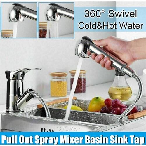 Solid Brass Kitchen Faucet Single Hole Pull Out Spout Kitchen Sink Mixer Tap Stream Sprayer Head Silver Hot Cold Tap Mixer