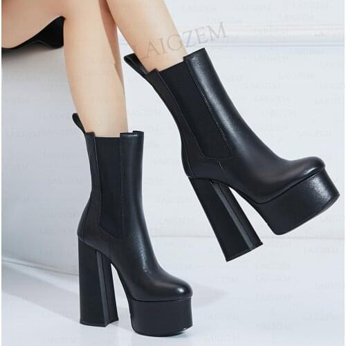 LAIGZEM Women Calf Boots Real Leather Elastic Band Block High Heels Booties Comfortable Height Increase Shoes Woman Size 39 41
