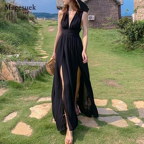 Women Sleeveless Women Long Dresses 2021 New Fashion Backless Chiffon Dress Beach Style Sexy Black Dress Summer Dress 13235