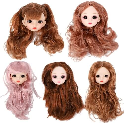 1/6 BJD 3D Eyes Ball Joints Doll Head With Golden Blue Pink Color Hair Sculpt Body Parts DIY Replacement For 12 Inches Dolls