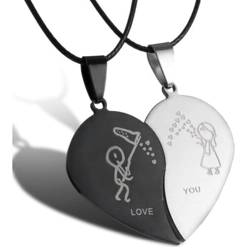 1 Pair Fashion Black Tone Stainless Steel Boy Girl LOVE YOU Heart-shape Couple Charms Pendants Necklace Gift