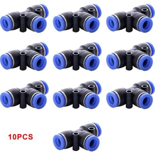 10pcs Pneumatic T Shaped Tee Union Connector Tube One Touch Push In Air Fitting Hose Home Air/Water Hose Tube OD 6mm Adapters