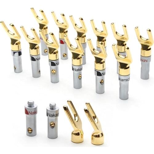 12PCS/lot Speaker Banana Plug Nakamichi Y/U Type Silver Gold Plated Copper Fork Male Plugs Adapter Spade Cable Wire Connectors