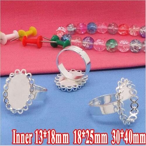6pcs Silver Plated Adjustable Ring Blank with inner 13*18/18*25/30*40mm Bezel Setting Tray for Cameo Cabochons Diy Jewelry