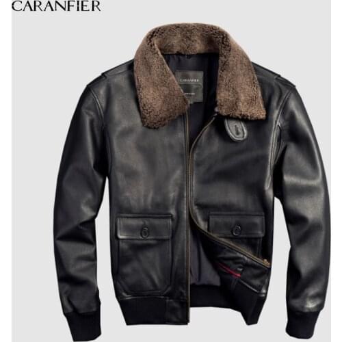 CARANFIER Air Force Flight Suit Pilot Fur Collar Thick Warm Leather Jacket Genuine Cow Leather Leather Jacket Free Shipping