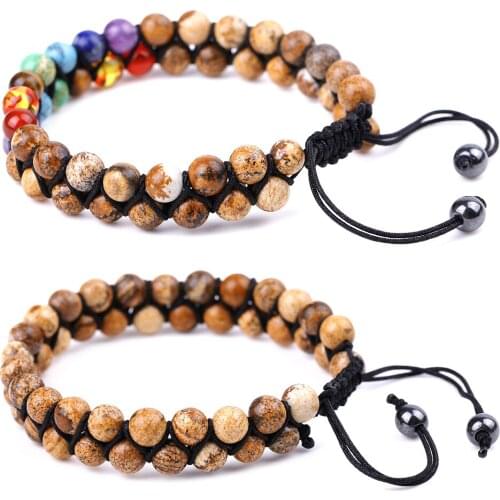 Fashion 7 Chakra Yoga Meditation Double Braided Bracelets Natural Stone Picture Jasper Bracelet For Healing Reiki Yoga Jewelry