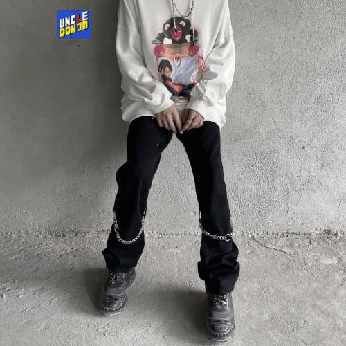 UNCLEDONJM chain design jeans hip hop punk mens jeans high street Harajuku distressed jeans High Street black jeans men DY811