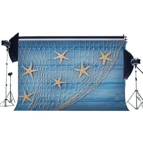 Seaside Backdrop Starfish Fishing Net Ocean Sailing Backdrops Blue Stripes Wood Plank Background
