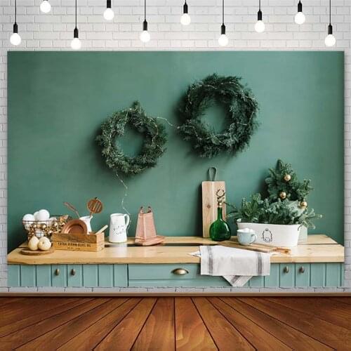 Christmas Tree Kitchen Backdrops Wreath Bell Tableware Green Family Portrait Photography Background Photo Studio Photozone Decor