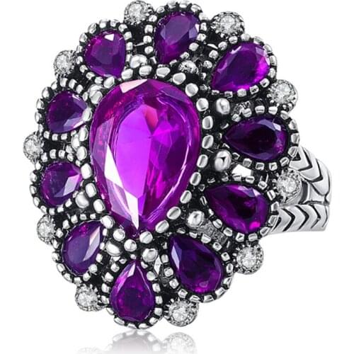 Antique Silver Plated Water Drop Purple Crystal Finger Ring with Rhinestone Engagement Jewelry