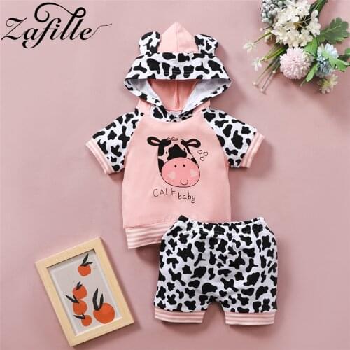 ZAFILLE Baby Cow Outfit Newborn Baby Girl Summer Clothes Set 2021 Hooded Top and Pants Set 2pcs Cute Clothes Baby Girl Suits