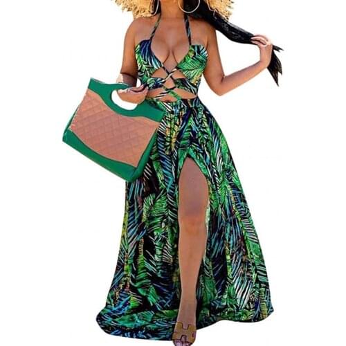 Summer Womens Beach Party Spaghetti Strap Dress Fashion Sexy Strapless Printed Split Sleeveless Dress 2021 Female Beachwear