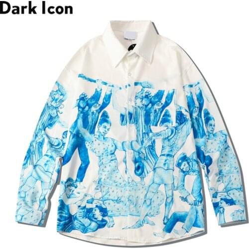 Dark Icon Blue Print Long Sleeved Shirts Men Turn-down Collar Hawaiian Shirt Male Top