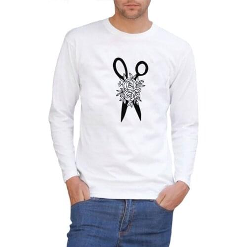Winter long sleeve round collar T shirt mens fashion casual cotton flower scissors