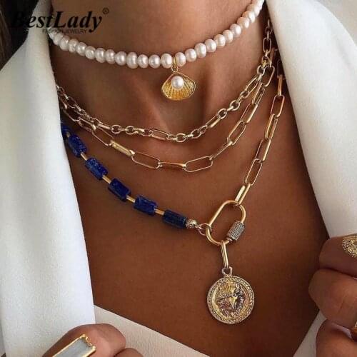 Best Lady Vintage Pearls Metal Layer Pendant Necklaces for Women Trendy Gold Color Heart Stone Link Necklaces Fashion Jewelry