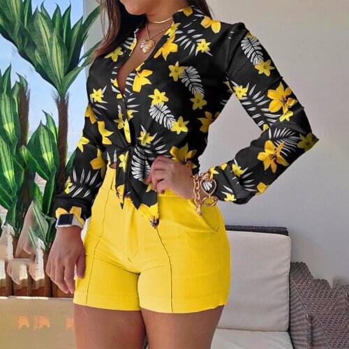 Long Sleeve Lace Up Print Women Shirts Autumn Black Deep V-Neck Loose Female Short Shirt Spring New Vintage Fashion Ladies Tops