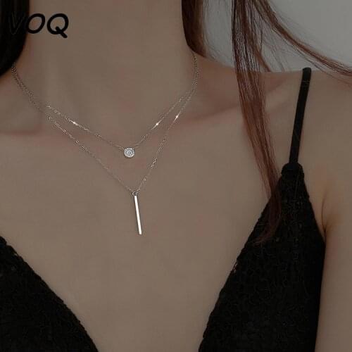 VOQ 925 Sterling Silver Double Layer Long Stick Pendant Necklaces for Women Micro Pave Zircon Geometric Necklace