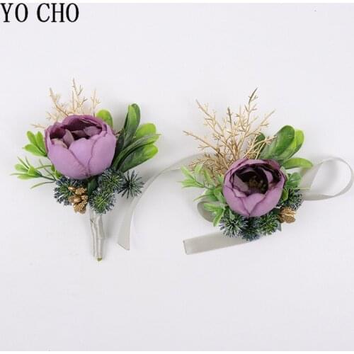 YO CHO Wedding Corsages and Boutonnieres Men Brooch Pins Bride Girl Wrist Corsages Groom Wedding Silk Flowers Ribbon Purple Rose