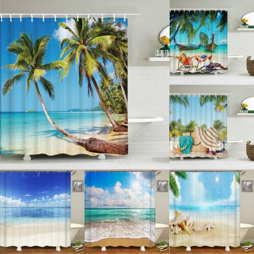 Sunlight Beach Mediterranean Printed Shower Curtain Blue Ocean The sea waterproof Bath Bathroom Shower Curtains 12 pcs Hooks
