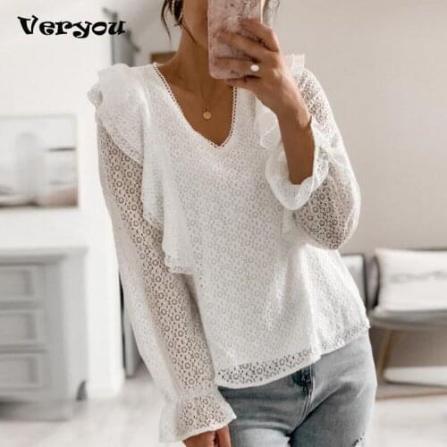 2021 V Neck Lace Shirt Women Spring Autumn Sexy Ruffle Stitching White Shirts For Women Tee Vintage Tee Plus Size Ladies Tops