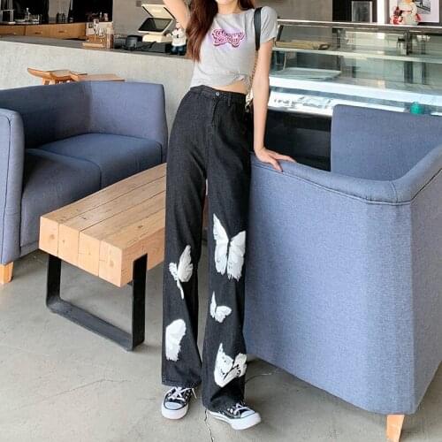 Women Fashion 2021 Butterfly Print Wide-leg Jeans Pants Vintage High Waist Oversize Black Female Denim Trousers Mujer Streetwear