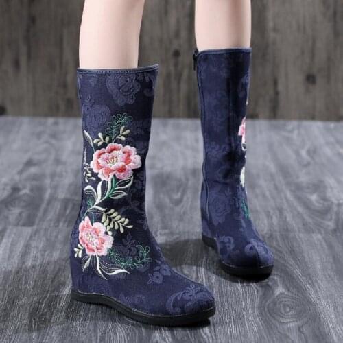 Spring Autumn New National Style Retro Height Increasing High Heels Embroider Cotton Fabric Women Half Mid-Calf Equestrian Boots