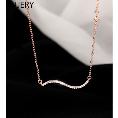 ANENJERY 925 Sterling Silver Glittering Pave Cubic Zircon Wave Pendant Necklace for Women Clavicle Chain Necklace Jewelry S-N731