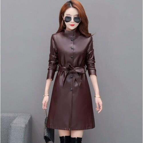 New Womens Black Elegant Soft PU Leather Long Jackets With Belt Ladies Faux Sheepskin Trench Coat Plus Size Female Outerwear