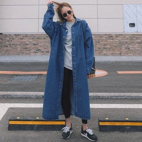 Johnature Korean Long Denim Coats 2021 Autumn New Casual Solid Color Loose Turn-down Collar Single-breasted Women Coat