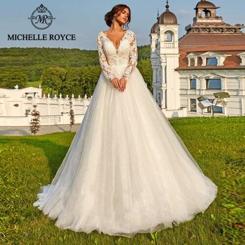Michelle Royce A-Ling Wedding Dresses 2020 Sexy Deep V-Neckline Appliques Button Chapel Train Bridal Gowns Vestido De Noiva