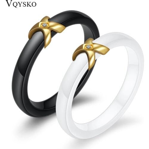 Gold Color X Women Ring AAA CZ Crystal White Cearamic Rings Wedding Bands Fashion Jewelry