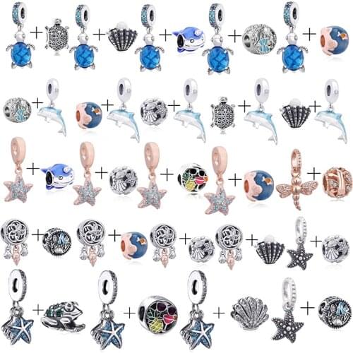 2Pcs Summer Style Dolphin & Shell & Starfish Beads Charms Pendant fit Original Brand Bracelet Necklaces for Women Jewelry Making