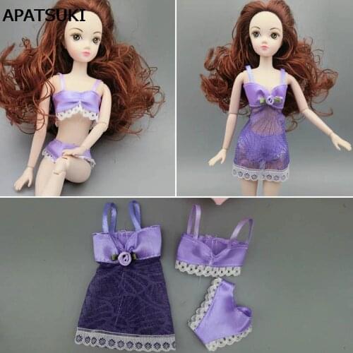 3pcs/set Purple Sexy Pajamas Lingerie Nightwear Lace Night Dress + Bra + Underwear Clothes For Barbie Doll Clothes