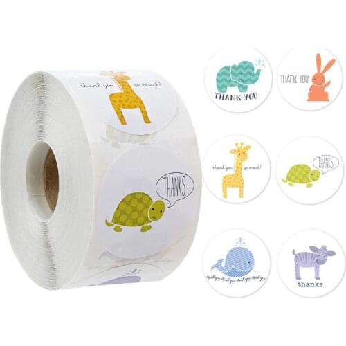 500 Sheets/roll 6 Kinds Of Animal Thank You Sticker Turtle Elephant Pattern Gift Seal 1 Inch Sticker