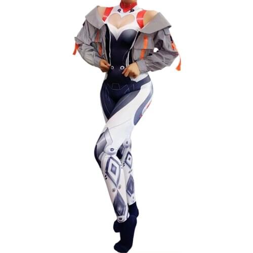 Anime Robot Sexy Cosplay Costume Machine Dance Role-playing Stretch Skinny Leotard Long Sleeve Jumpsuit 3M Reflective Jacket