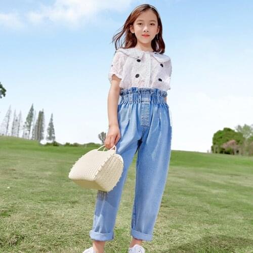 Girls' jeans short-sleeved suit medium and large clothing summer childrens western style, little girls summer clothing