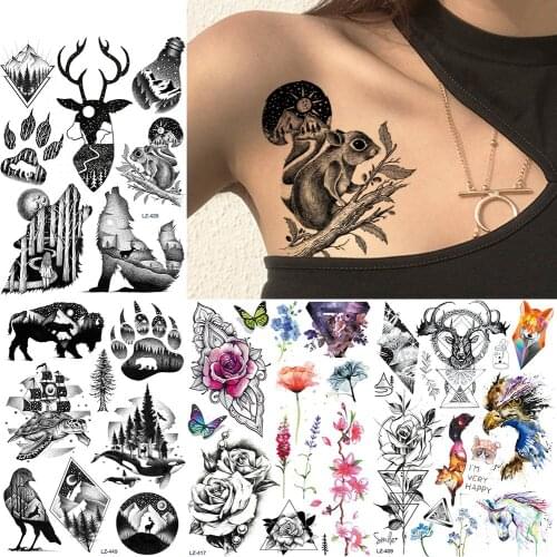GoldOcean Black Rabbit Branch Mountain Temporary Tattoos Stickers Elk Animals Fake Tatoos Waterproof Women Men Body Art Tattoo