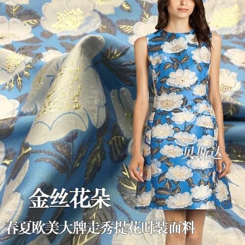 HLQON High quality printed yarn dyed jacquard brocade Golden silk flower fabric used for tissue women dress clothing patchwork