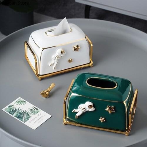 Nordic Style Astronaut Tissue Box Ceramic Household Pumping Box Creative Multifunctional Storage Box Cute Light Luxury Ornaments