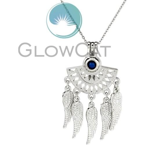 KK842 Bohemia Sector Feather Wings Beads Cage Locket Pendant Perfume Diffuser Aroma Pearl Cage Necklace for Oyster