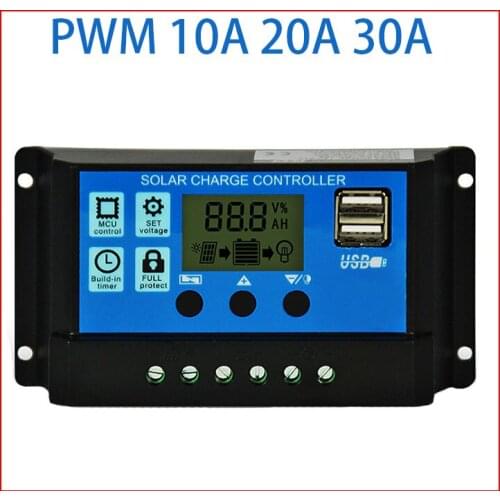 10A 20A 30A Solar Charge Controller 12V 24V Auto PWM LCD Dual USB 5V Output Solar Cell Panel Regulator PV Home Battery Charger